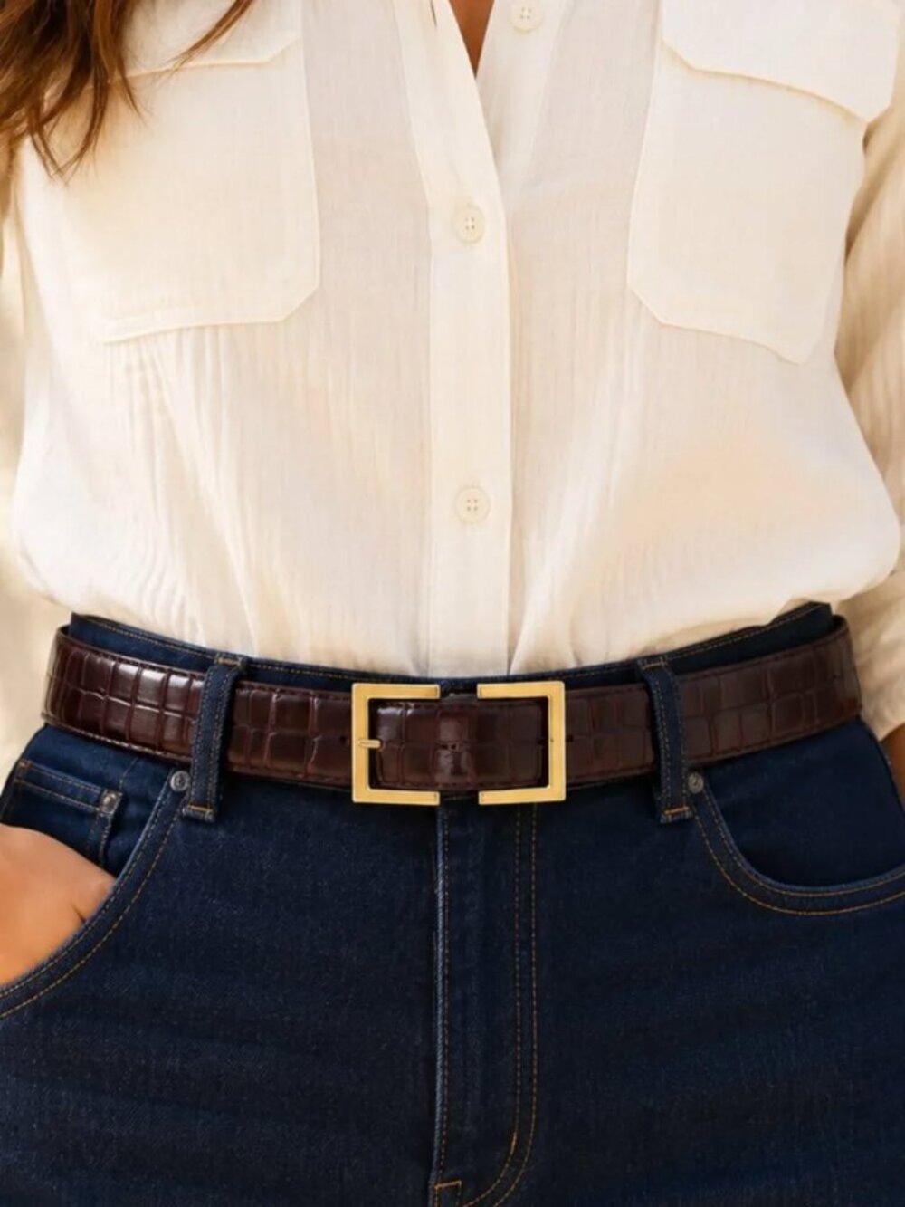Ellen Tracy Italian Leather Croc Embossed Belt Brown Gold Slide Buckle S
